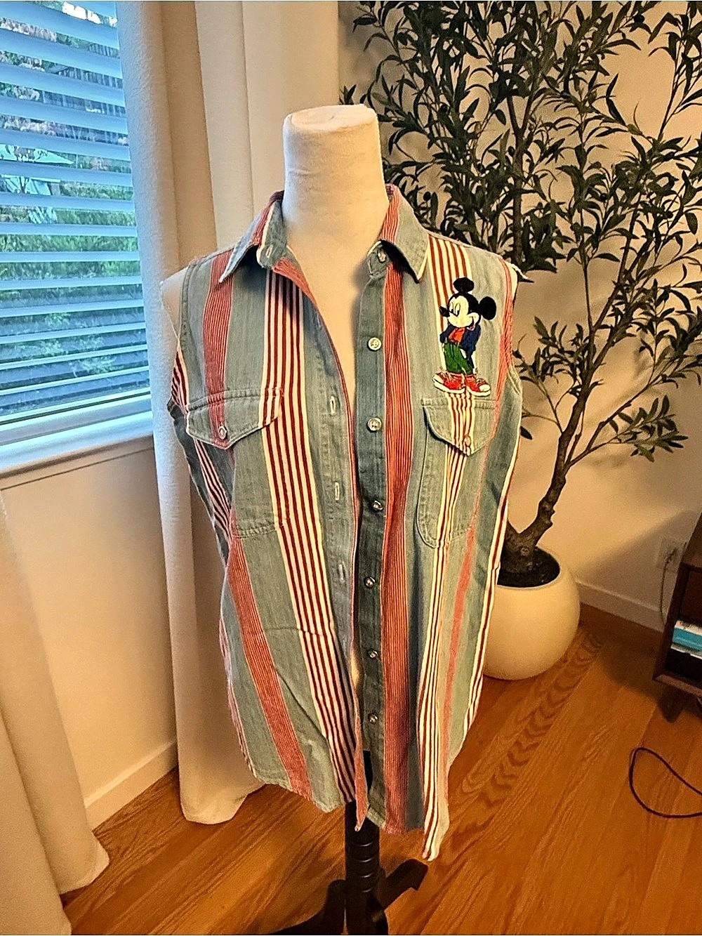Vintage Mickey Mouse Striped Denim Top